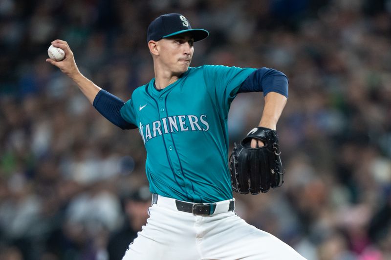 Aug 23, 2024; Seattle, Washington, USA; Seattle Mariners starter George Kirby (68) delivers a pitch during the third inning against the San Francisco Giants at T-Mobile Park. Mandatory Credit: Stephen Brashear-USA TODAY Sports