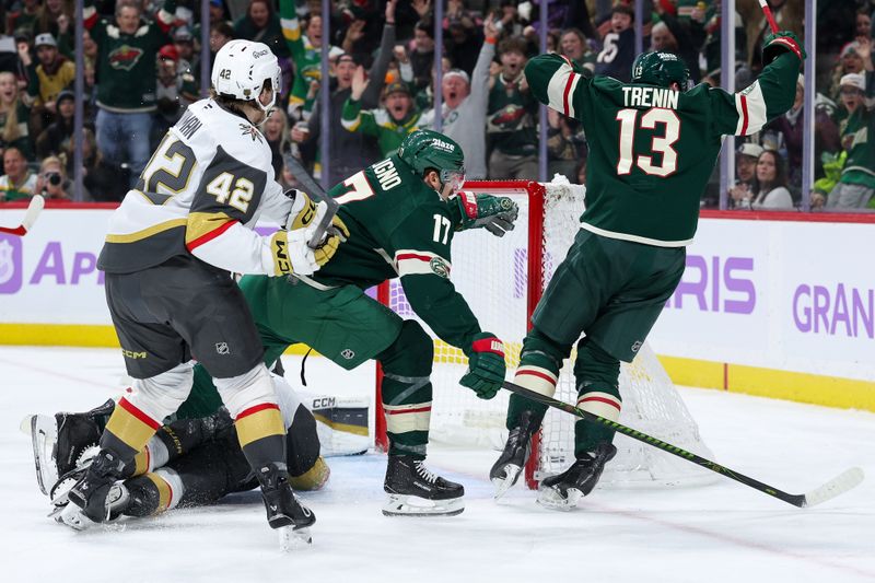 Nov 16, 2025; Saint Paul, Minnesota, USA; Minnesota Wild center Yakov Trenin (13) celebrates his goal against the Vegas Golden Knights during the second period at Grand Casino Arena. Mandatory Credit: Matt Krohn-Imagn Images