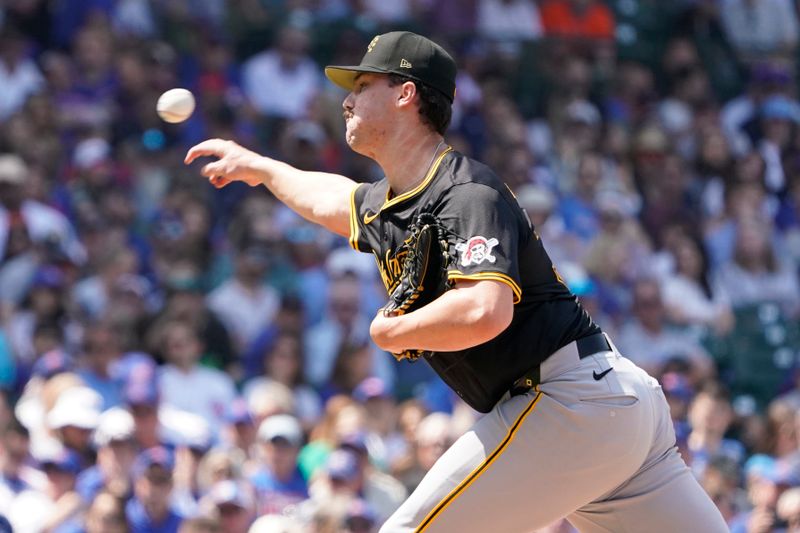 May 17, 2024; Chicago, Illinois, USA; Pittsburgh Pirates pitcher Paul Skenes (30) throws the ball against the Chicago Cubs during the fourth inning at Wrigley Field. Mandatory Credit: David Banks-USA TODAY Sports