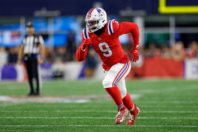 New England Patriots linebacker Matthew Judon (9) rushes during the first half of an NFL football game against the Miami Dolphins on Sunday, Sept. 17, 2023, in Foxborough, Mass. (AP Photo/Greg M. Cooper)