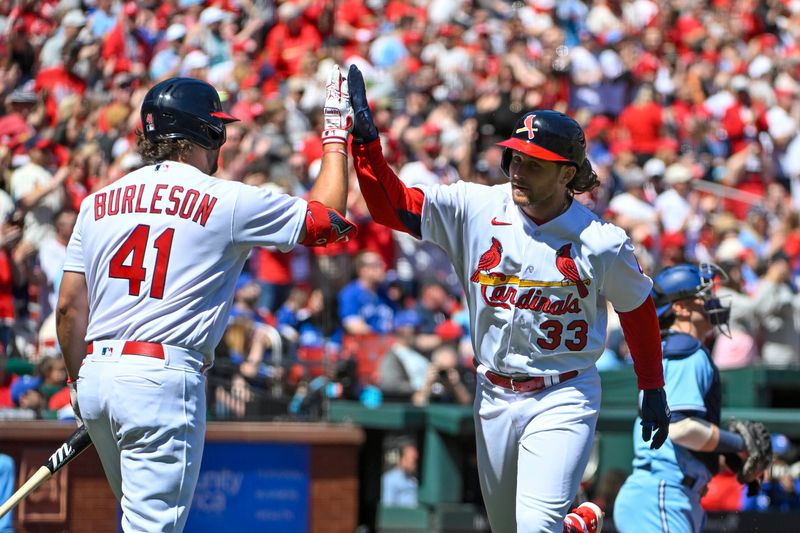 Apr 2, 2023; St. Louis, Missouri, USA;  St. Louis Cardinals second baseman Brendan Donovan (33) celebrates with left fielder Alec Burleson (41) after hitting a solo home run against the Toronto Blue Jays during the first inning at Busch Stadium. Mandatory Credit: Jeff Curry-USA TODAY Sports