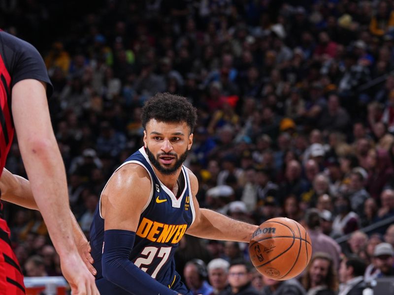 DENVER, CO - JANUARY 17: Jamal Murray #27 of the Denver Nuggets drives to the basket during the game against the Portland Trail Blazers on January 17, 2023 at the Ball Arena in Denver, Colorado. NOTE TO USER: User expressly acknowledges and agrees that, by downloading and/or using this Photograph, user is consenting to the terms and conditions of the Getty Images License Agreement. Mandatory Copyright Notice: Copyright 2023 NBAE (Photo by Bart Young/NBAE via Getty Images)