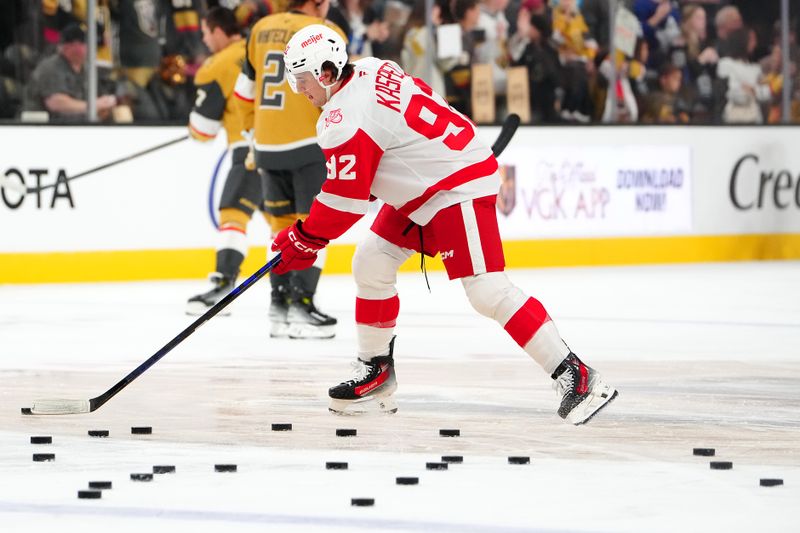 Nov 4, 2025; Las Vegas, Nevada, USA; Detroit Red Wings center Marco Kasper (92) warms up before a game against the Vegas Golden Knights at T-Mobile Arena. Mandatory Credit: Stephen R. Sylvanie-Imagn Images