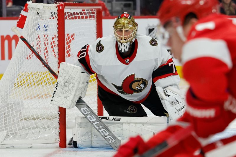 Jan 31, 2024; Detroit, Michigan, USA;  Ottawa Senators goaltender Joonas Korpisalo (70) tends goal in the second period against the Detroit Red Wings at Little Caesars Arena. Mandatory Credit: Rick Osentoski-USA TODAY Sports