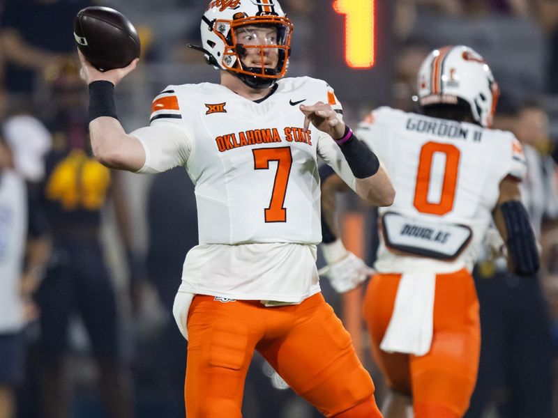 Sep 9, 2023; Tempe, Arizona, USA; Oklahoma State Cowboys quarterback Alan Bowman (7) against the Arizona State Sun Devils in the first half at Mountain America Stadium. Mandatory Credit: Mark J. Rebilas-USA TODAY Sports