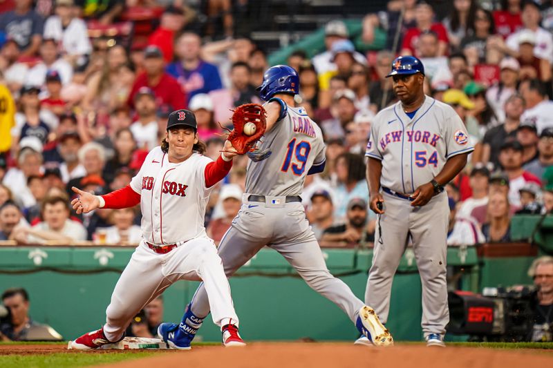 Jul 23, 2023; Boston, Massachusetts, USA; Boston Red Sox first baseman Triston Casas (36) makes the play against New York Mets left fielder Mark Canha (19) in the third inning at Fenway Park. Mandatory Credit: David Butler II-USA TODAY Sports