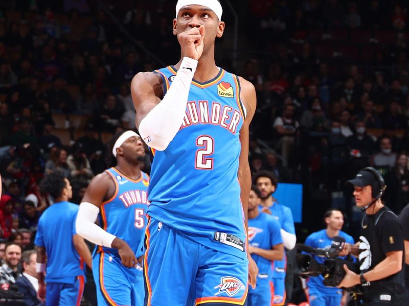 TORONTO, CANADA - MARCH 16:  Shai Gilgeous-Alexander #2 of the Oklahoma City Thunder looks on before the game on March 16, 2023 at the Scotiabank Arena in Toronto, Ontario, Canada.  NOTE TO USER: User expressly acknowledges and agrees that, by downloading and or using this Photograph, user is consenting to the terms and conditions of the Getty Images License Agreement.  Mandatory Copyright Notice: Copyright 2023 NBAE (Photo by Vaughn Ridley/NBAE via Getty Images)