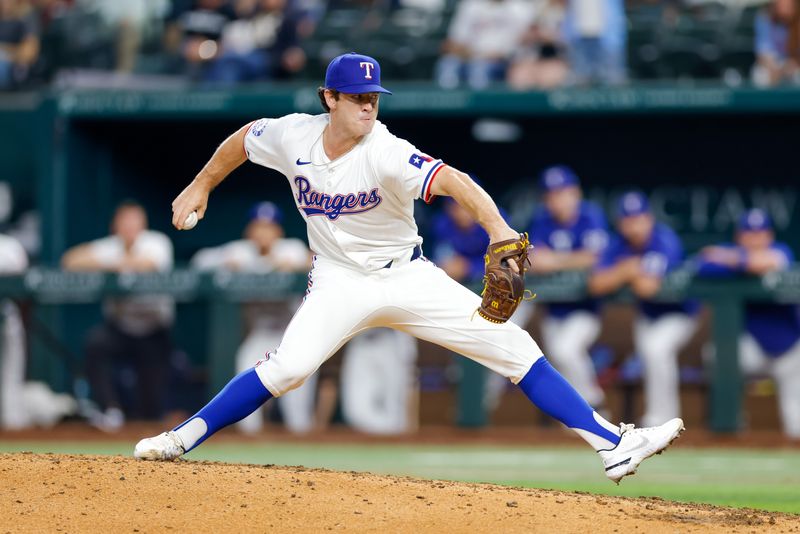 Sep 4, 2024; Arlington, Texas, USA; Texas Rangers pitcher Matt Festa (63) comes on to pitch during the eighth inning New York Yankees at Globe Life Field. Mandatory Credit: Andrew Dieb-Imagn Images