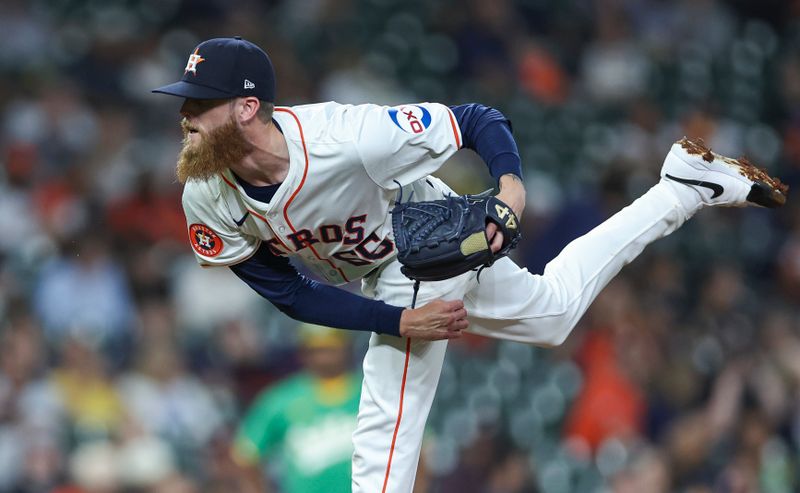 May 16, 2024; Houston, Texas, USA; Houston Astros relief pitcher Shawn Dubin (66) delivers a pitch during the seventh inning against the Oakland Athletics at Minute Maid Park. Mandatory Credit: Troy Taormina-USA TODAY Sports