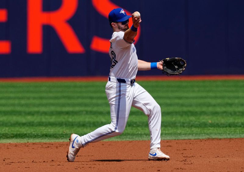 Jul 28, 2024; Toronto, Ontario, CAN; Toronto Blue Jays second baseman Spencer Horwitz (48) throws to first to get out Texas Rangers catcher Jonah Heim (not pictured)  during the second inning at Rogers Centre. Mandatory Credit: John E. Sokolowski-USA TODAY Sports