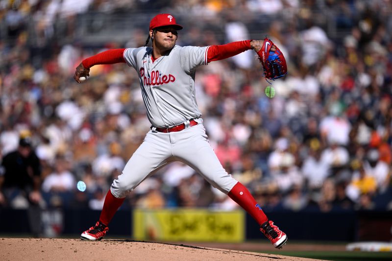 Sep 4, 2023; San Diego, California, USA; Philadelphia Phillies starting pitcher Taijuan Walker (99) throws a pitch against the San Diego Padres during the first inning at Petco Park. Mandatory Credit: Orlando Ramirez-USA TODAY Sports