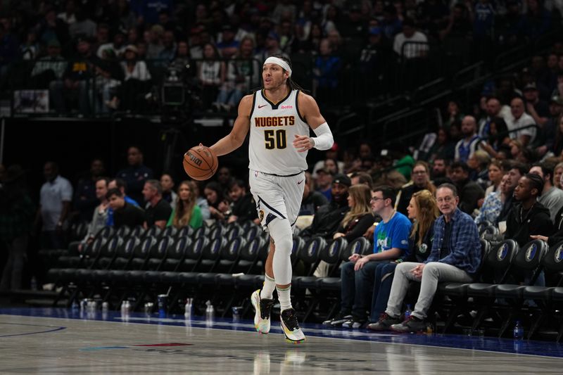 DALLAS, TX - MARCH 17: Aaron Gordon #50 of the Denver Nuggets handles the ball during the game against the Dallas Mavericks on March 17, 2024 at the American Airlines Center in Dallas, Texas. NOTE TO USER: User expressly acknowledges and agrees that, by downloading and or using this photograph, User is consenting to the terms and conditions of the Getty Images License Agreement. Mandatory Copyright Notice: Copyright 2024 NBAE (Photo by Glenn James/NBAE via Getty Images)