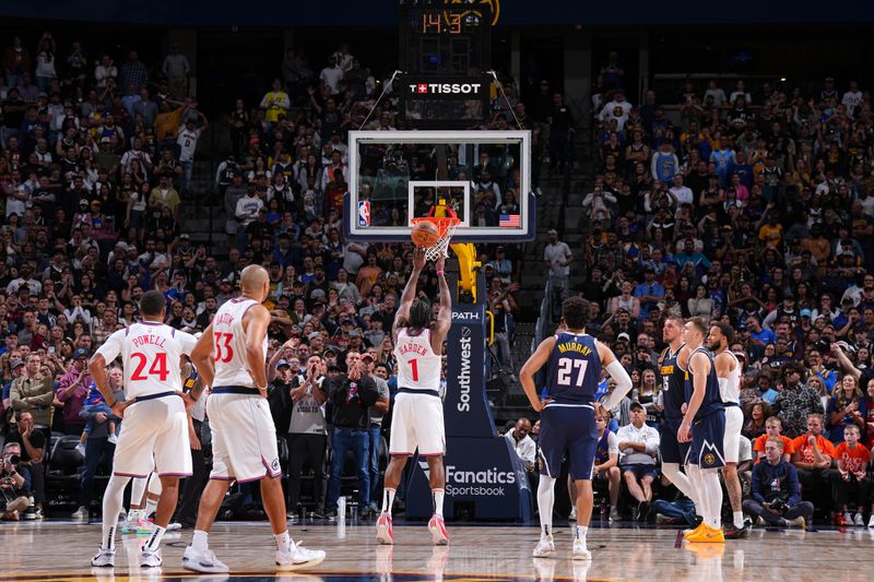 DENVER, CO - OCTOBER 26: James Harden #1 of the LA Clippers shoots a free throw during the game against the Denver Nuggets on October 26, 2024 at the Ball Arena in Denver, Colorado. NOTE TO USER: User expressly acknowledges and agrees that, by downloading and/or using this Photograph, user is consenting to the terms and conditions of the Getty Images License Agreement. Mandatory Copyright Notice: Copyright 2024 NBAE (Photo by Garrett Ellwood/NBAE via Getty Images)