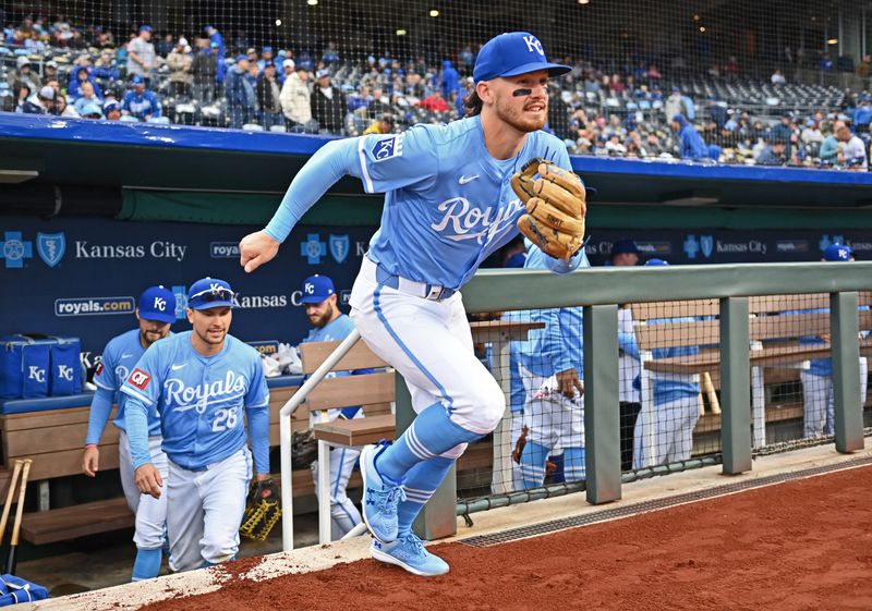 Apr 25, 2024; Kansas City, Missouri, USA;  Kansas City Royals shortstop Bobby Witt Jr. (7) runs out onto the field before a game against the Toronto Blue Jays at Kauffman Stadium. Mandatory Credit: Peter Aiken-USA TODAY Sports