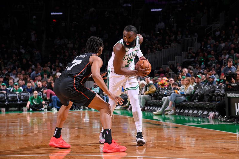 BOSTON, MA - MARCH 18: Jaylen Brown #7 of the Boston Celtics handles the ball during the game against the Detroit Pistons on March 18, 2024 at the TD Garden in Boston, Massachusetts. NOTE TO USER: User expressly acknowledges and agrees that, by downloading and or using this photograph, User is consenting to the terms and conditions of the Getty Images License Agreement. Mandatory Copyright Notice: Copyright 2024 NBAE  (Photo by Brian Babineau/NBAE via Getty Images)