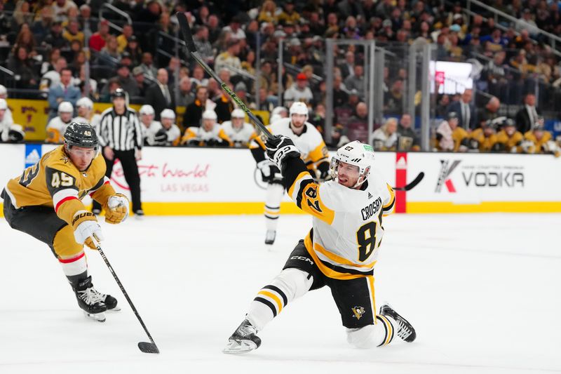 Jan 20, 2024; Las Vegas, Nevada, USA; Pittsburgh Penguins center Sidney Crosby (87) shoots against the Vegas Golden Knights during the second period at T-Mobile Arena. Mandatory Credit: Stephen R. Sylvanie-USA TODAY Sports