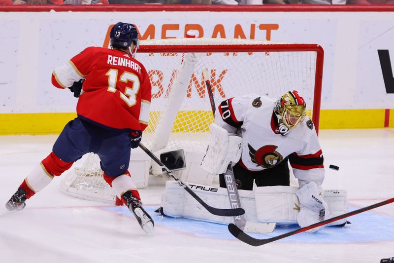 Apr 9, 2024; Sunrise, Florida, USA; Ottawa Senators goaltender Joonas Korpisalo (70) makes a save after a shot by Florida Panthers center Sam Reinhart (13) during the third period at Amerant Bank Arena. Mandatory Credit: Sam Navarro-USA TODAY Sports