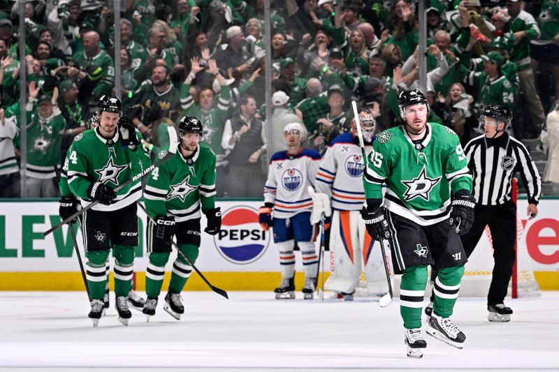 May 21, 2025; Dallas, Texas, USA; Dallas Stars center Matt Duchene (95) reacts after scoring a goal against the Edmonton Oilers in the third period during game one of the Western Conference Final of the 2025 Stanley Cup Playoffs at American Airlines Center. Mandatory Credit: Jerome Miron-Imagn Images