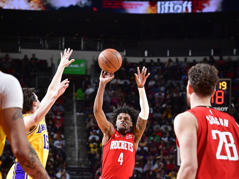 HOUSTON, TX - JANUARY 29: Jalen Green #4 of the Houston Rockets shoots the ball during the game against the Los Angeles Lakers  on January 29, 2024 at the Toyota Center in Houston, Texas. NOTE TO USER: User expressly acknowledges and agrees that, by downloading and or using this photograph, User is consenting to the terms and conditions of the Getty Images License Agreement. Mandatory Copyright Notice: Copyright 2024 NBAE (Photo by Logan Riely/NBAE via Getty Images)