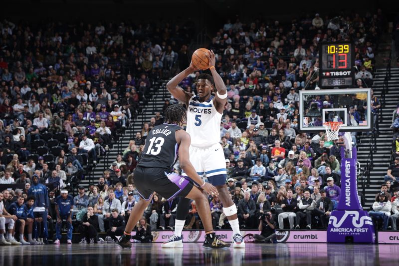 SALT LAKE CITY, UT - JANUARY 30:  Anthony Edwards #5 of the Minnesota Timberwolves handles the ball during the game against the Utah Jazz on January 30, 2025 at Delta Center in Salt Lake City, Utah. NOTE TO USER: User expressly acknowledges and agrees that, by downloading and or using this Photograph, User is consenting to the terms and conditions of the Getty Images License Agreement. Mandatory Copyright Notice: Copyright 2025 NBAE (Photo by Melissa Majchrzak/NBAE via Getty Images)