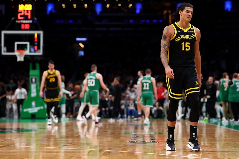 BOSTON, MASSACHUSETTS - MARCH 03: Gui Santos #15 of the Golden State Warriors looks on as he walks off of the court during the second half against the Boston Celtics at TD Garden on March 03, 2024 in Boston, Massachusetts. The Celtics defeat the Warriors 140-88. NOTE TO USER: User expressly acknowledges and agrees that, by downloading and or using this photograph, user is consenting to the terms and conditions of the Getty Images License Agreement.  (Photo by Maddie Meyer/Getty Images)