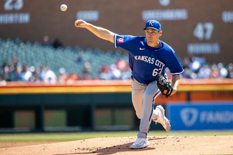 Apr 26, 2024; Detroit, Michigan, USA; Kansas City Royals pitcher Seth Lugo (67) throws in the first inning against the Detroit Tigers at Comerica Park. Mandatory Credit: David Reginek-USA TODAY Sports