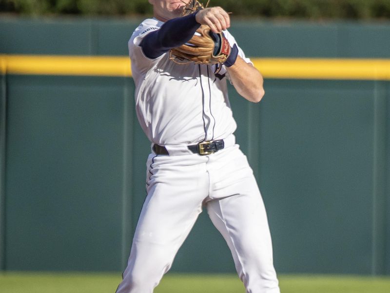 Jul 8, 2024; Detroit, Michigan, USA; Detroit Tigers second base Colt Keith (33) makes a play to first base in the first inning against the Cleveland Guardians at Comerica Park. Mandatory Credit: David Reginek-USA TODAY Sports