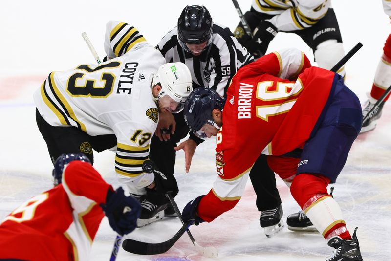 May 14, 2024; Sunrise, Florida, USA; Florida Panthers center Aleksander Barkov (16) and Boston Bruins center Charlie Coyle (13) face-off during the third period in game five of the second round of the 2024 Stanley Cup Playoffs at Amerant Bank Arena. Mandatory Credit: Sam Navarro-USA TODAY Sports