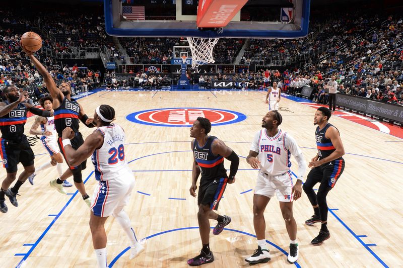 DETROIT, MI - NOVEMBER 30: Malik Beasley #5 of the Detroit Pistons rebounds the ball during the game against the Philadelphia 76ers on November 30, 2024 at Little Caesars Arena in Detroit, Michigan. NOTE TO USER: User expressly acknowledges and agrees that, by downloading and/or using this photograph, User is consenting to the terms and conditions of the Getty Images License Agreement. Mandatory Copyright Notice: Copyright 2024 NBAE (Photo by Chris Schwegler/NBAE via Getty Images)