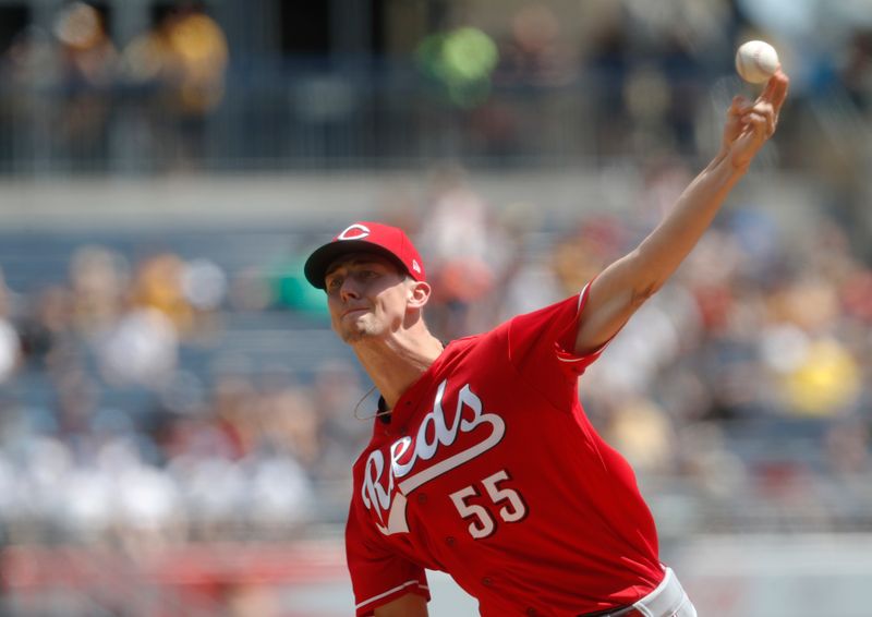 Aug 13, 2023; Pittsburgh, Pennsylvania, USA; Cincinnati Reds starting pitcher Brandon Williamson (55) delivers a pitch against the Pittsburgh Pirates during the first inning at PNC Park. Mandatory Credit: Charles LeClaire-USA TODAY Sports