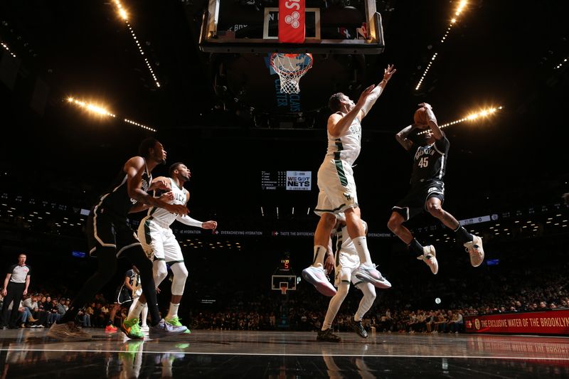 BROOKLYN, NY - DECEMBER 8: Keon Johnson #45 of the Brooklyn Nets shoots the ball during the game on December 8, 2024 at Barclays Center in Brooklyn, New York. NOTE TO USER: User expressly acknowledges and agrees that, by downloading and or using this Photograph, user is consenting to the terms and conditions of the Getty Images License Agreement. Mandatory Copyright Notice: Copyright 2024 NBAE (Photo by Nathaniel S. Butler/NBAE via Getty Images)