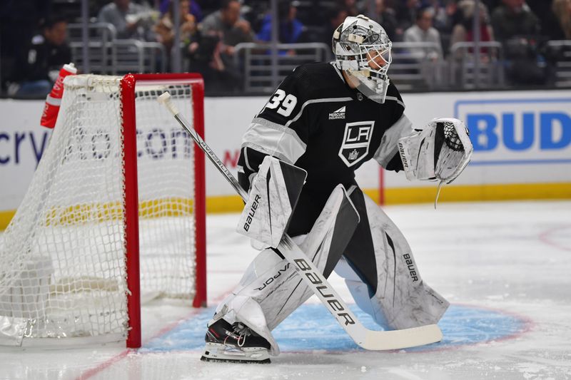 Dec 13, 2023; Los Angeles, California, USA; Los Angeles Kings goaltender Cam Talbot (39) defends the goal against the Winnipeg Jets during the first period at Crypto.com Arena. Mandatory Credit: Gary A. Vasquez-USA TODAY Sports