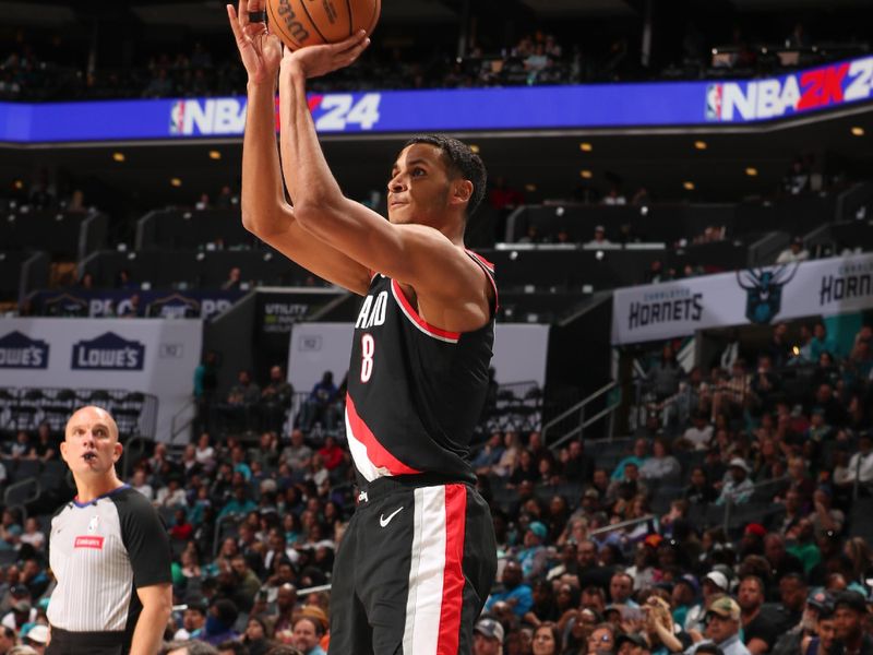 CHARLOTTE, NC - APRIL 3: Kris Murray #8 of the Portland Trail Blazers shoots a 3-point basket during the game  on April 3, 2024 at Spectrum Center in Charlotte, North Carolina. NOTE TO USER: User expressly acknowledges and agrees that, by downloading and or using this photograph, User is consenting to the terms and conditions of the Getty Images License Agreement. Mandatory Copyright Notice: Copyright 2024 NBAE (Photo by Kent Smith/NBAE via Getty Images)