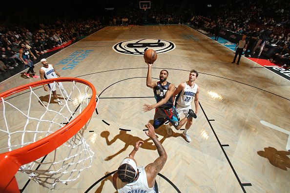 BROOKLYN, NY - DECEMBER 2: Mikal Bridges #1 of the Brooklyn Nets drives to the basket during the game against the Orlando Magic on December 2, 2023 at Barclays Center in Brooklyn, New York. NOTE TO USER: User expressly acknowledges and agrees that, by downloading and or using this Photograph, user is consenting to the terms and conditions of the Getty Images License Agreement. Mandatory Copyright Notice: Copyright 2023 NBAE (Photo by Nathaniel S. Butler/NBAE via Getty Images)