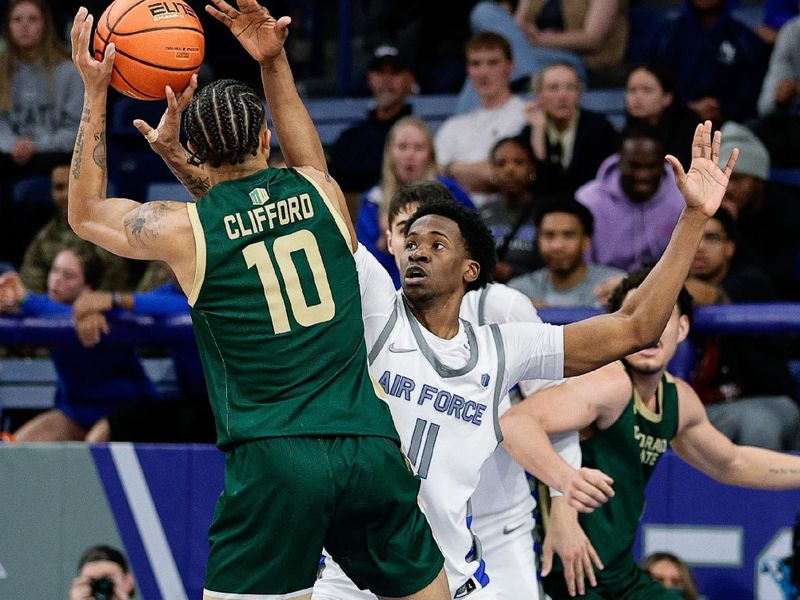 Mar 9, 2024; Colorado Springs, Colorado, USA; Colorado State Rams guard Nique Clifford (10) attempts a shot against Air Force Falcons guard Byron Brown (11) in the second half at Clune Arena. Mandatory Credit: Isaiah J. Downing-USA TODAY Sports