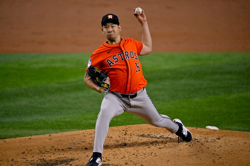 Aug 7, 2024; Arlington, Texas, USA;  Houston Astros starting pitcher Yusei Kikuchi (16) pitches against the Texas Rangers during the first inning at Globe Life Field. Mandatory Credit: Jerome Miron-USA TODAY Sports