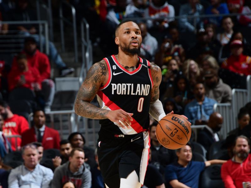 ATLANTA, GA - MARCH 3: Damian Lillard #0 of the Portland Trail Blazers dribbles the ball during the game against the Atlanta Hawks on March 3, 2023 at State Farm Arena in Atlanta, Georgia.  NOTE TO USER: User expressly acknowledges and agrees that, by downloading and/or using this Photograph, user is consenting to the terms and conditions of the Getty Images License Agreement. Mandatory Copyright Notice: Copyright 2023 NBAE (Photo by Scott Cunningham/NBAE via Getty Images)