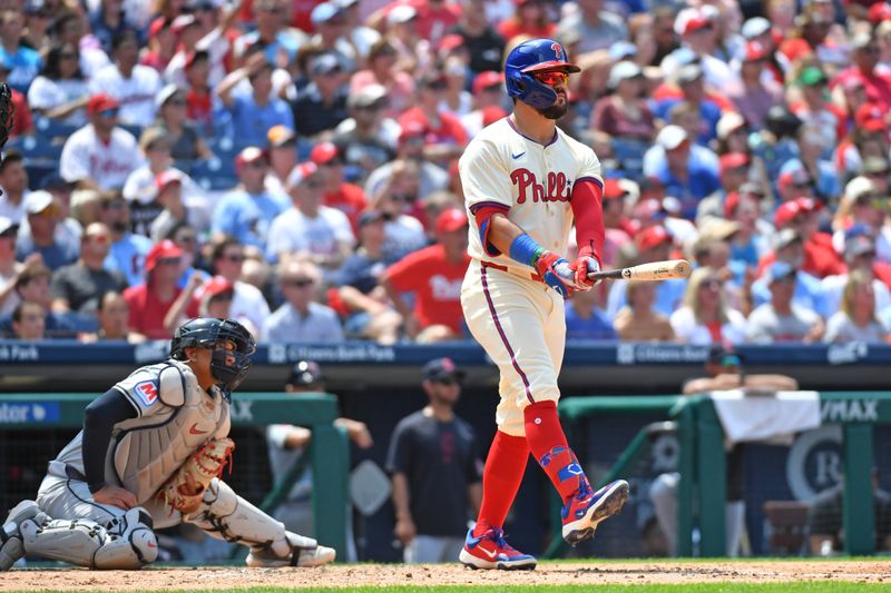 Jul 28, 2024; Philadelphia, Pennsylvania, USA; Philadelphia Phillies designated hitter Kyle Schwarber (12) watches his two-run home run against the Cleveland Guardians during the third inning at Citizens Bank Park. Mandatory Credit: Eric Hartline-USA TODAY Sports