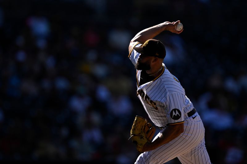 Sep 6, 2023; San Diego, California, USA; San Diego Padres relief pitcher Luis Garcia (66) throws a pitch against the Philadelphia Phillies during the ninth inning at Petco Park. Mandatory Credit: Orlando Ramirez-USA TODAY Sports