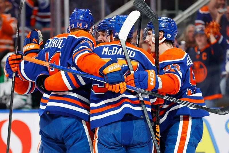 May 27, 2024; Edmonton, Alberta, CAN; The Edmonton Oilers celebrate a goal scored by forward Connor McDavid (97) during the first period against the Dallas Stars in game three of the Western Conference Final of the 2024 Stanley Cup Playoffs at Rogers Place. Mandatory Credit: Perry Nelson-USA TODAY Sports