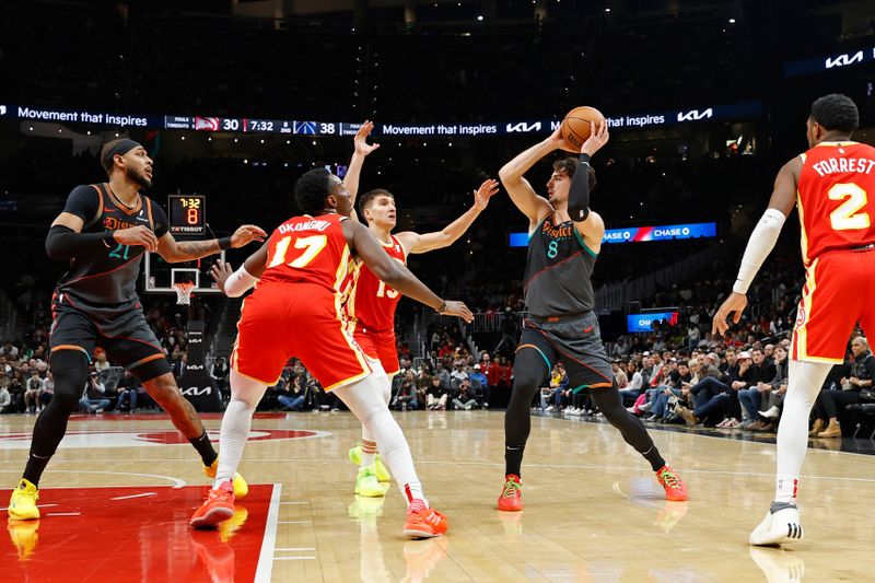 ATLANTA, GA - JANUARY 13: Deni Avdija #8 of the Washington Wizards looks to pass the ball during the game against the Atlanta Hawks on January 13, 2024 at State Farm Arena in Atlanta, Georgia.  NOTE TO USER: User expressly acknowledges and agrees that, by downloading and/or using this Photograph, user is consenting to the terms and conditions of the Getty Images License Agreement. Mandatory Copyright Notice: Copyright 2024 NBAE (Photo by Mercedes Oliver/NBAE via Getty Images)