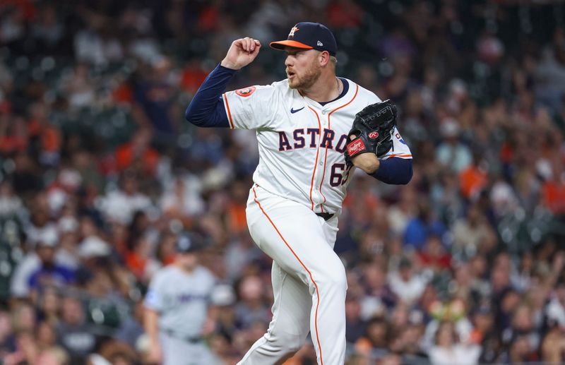 Jul 10, 2024; Houston, Texas, USA; Houston Astros relief pitcher Kaleb Ort (63) delivers a pitch during the eighth inning against the Miami Marlins at Minute Maid Park. Mandatory Credit: Troy Taormina-USA TODAY Sports