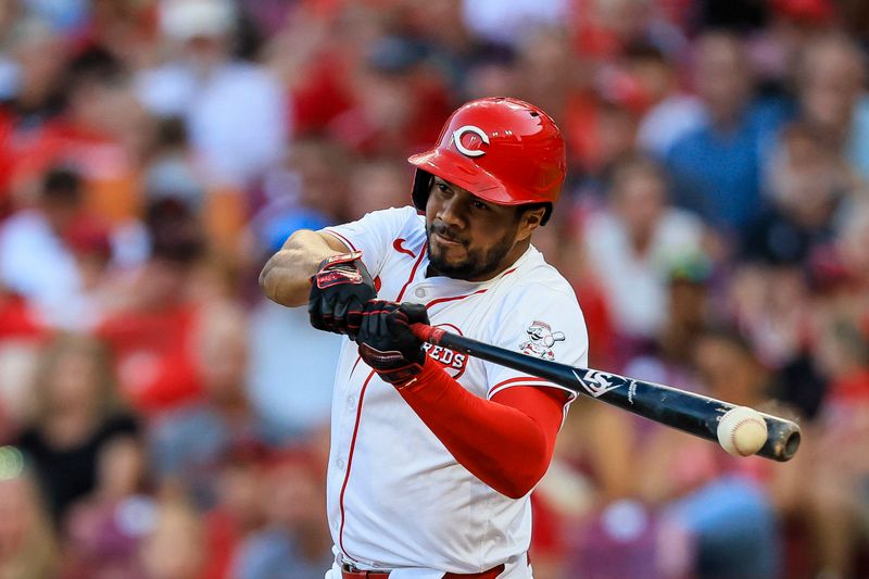 Jun 12, 2024; Cincinnati, Ohio, USA; Cincinnati Reds third baseman Jeimer Candelario (3) bats against the Cleveland Guardians in the fourth inning at Great American Ball Park. Mandatory Credit: Katie Stratman-USA TODAY Sports