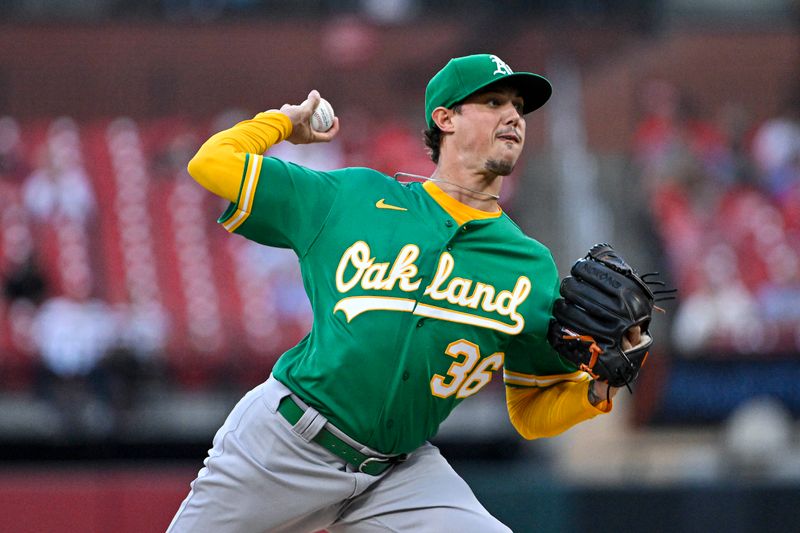 Aug 15, 2023; St. Louis, Missouri, USA;  Oakland Athletics starting pitcher Spenser Watkins (36) pitches against the St. Louis Cardinals during the first inning at Busch Stadium. Mandatory Credit: Jeff Curry-USA TODAY Sports