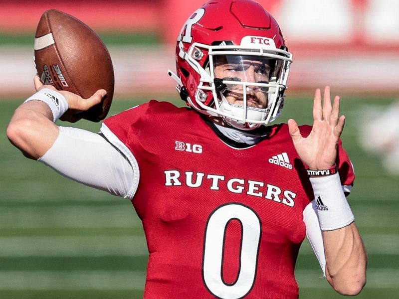 Oct 31, 2020; Piscataway, New Jersey, USA; Rutgers Scarlet Knights quarterback Noah Vedral (0) warms up before his game against the Indiana Hoosiers at SHI Stadium. Mandatory Credit: Vincent Carchietta-USA TODAY Sports