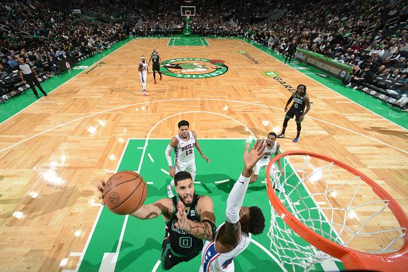 BOSTON, MA - DECEMBER 1: Jayson Tatum #0 of the Boston Celtics drives to the basket during the game against the Philadelphia 76ers on December 1, 2023 at the TD Garden in Boston, Massachusetts. NOTE TO USER: User expressly acknowledges and agrees that, by downloading and or using this photograph, User is consenting to the terms and conditions of the Getty Images License Agreement. Mandatory Copyright Notice: Copyright 2023 NBAE  (Photo by Brian Babineau/NBAE via Getty Images)