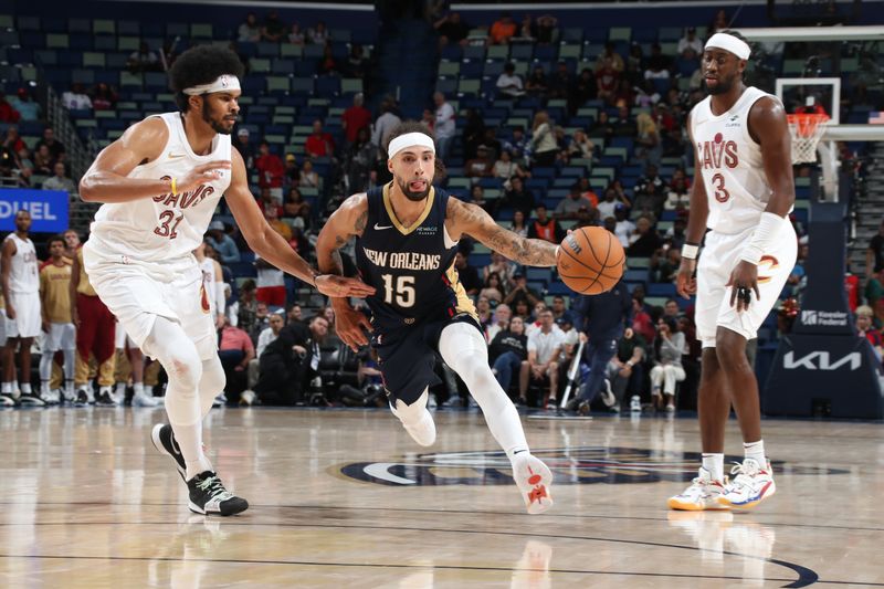 NEW ORLEANS, LA - NOVEMBER 6: Jose Alvarado #15 of the New Orleans Pelicans drives to the basket during the game against the Cleveland Cavaliers on November 6, 2024 at the Smoothie King Center in New Orleans, Louisiana. NOTE TO USER: User expressly acknowledges and agrees that, by downloading and or using this Photograph, user is consenting to the terms and conditions of the Getty Images License Agreement. Mandatory Copyright Notice: Copyright 2024 NBAE (Photo by Layne Murdoch Jr./NBAE via Getty Images)