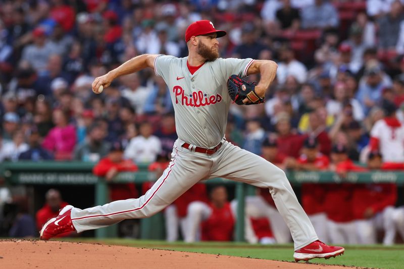 Jun 11, 2024; Boston, Massachusetts, USA; Philadelphia Phillies starting pitcher Zack Wheeler (45) throws a pitch during the second inning against the Boston Red Sox at Fenway Park. Mandatory Credit: Paul Rutherford-USA TODAY Sports