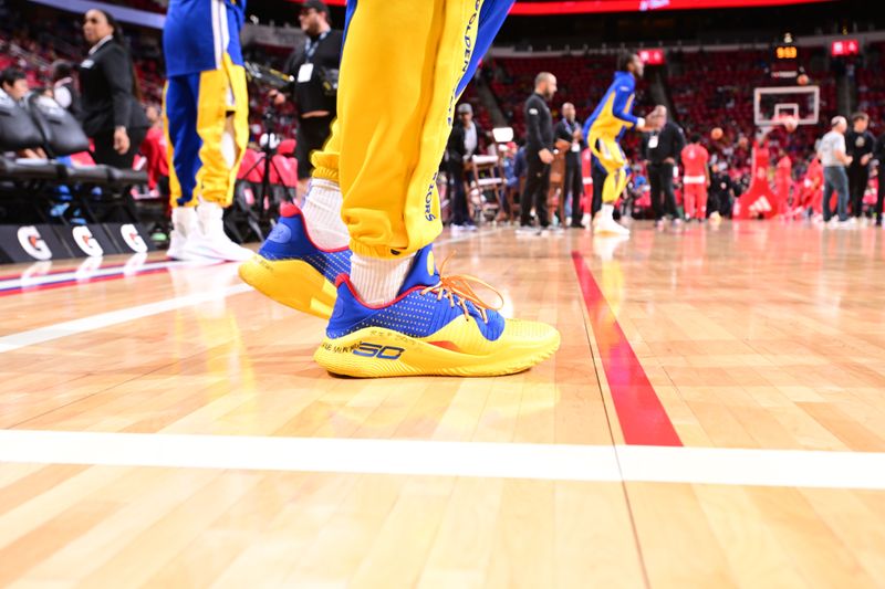 HOUSTON, TX - APRIL 4: The sneakers worn by Stephen Curry #30 of the Golden State Warriors before the game against the Houston Rockets on April 4, 2024 at the Toyota Center in Houston, Texas. NOTE TO USER: User expressly acknowledges and agrees that, by downloading and or using this photograph, User is consenting to the terms and conditions of the Getty Images License Agreement. Mandatory Copyright Notice: Copyright 2024 NBAE (Photo by Logan Riely/NBAE via Getty Images)