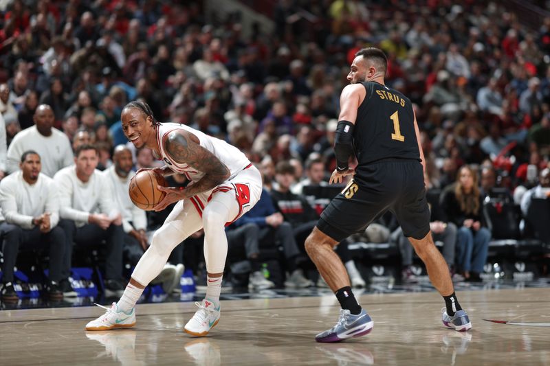 CHICAGO, IL - FEBRUARY 28: DeMar DeRozan #11 of the Chicago Bulls handles the ball during the game against the Cleveland Cavaliers on February 28, 2024 at United Center in Chicago, Illinois. NOTE TO USER: User expressly acknowledges and agrees that, by downloading and or using this photograph, User is consenting to the terms and conditions of the Getty Images License Agreement. Mandatory Copyright Notice: Copyright 2024 NBAE (Photo by Jeff Haynes/NBAE via Getty Images)